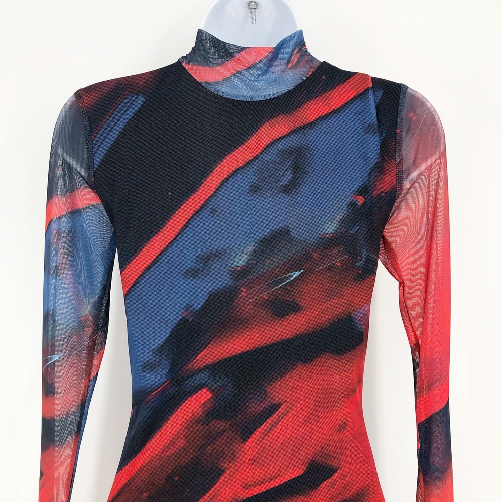 EDIKTED Sparks Fly Mesh Minidress Small Red Mock Neck Abstract NWOT - Picture 8 of 9